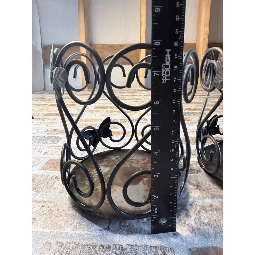 Set of 2 Butterfly Scrollwork Metal Pillar Candle Holders Bronze Tone Rustic